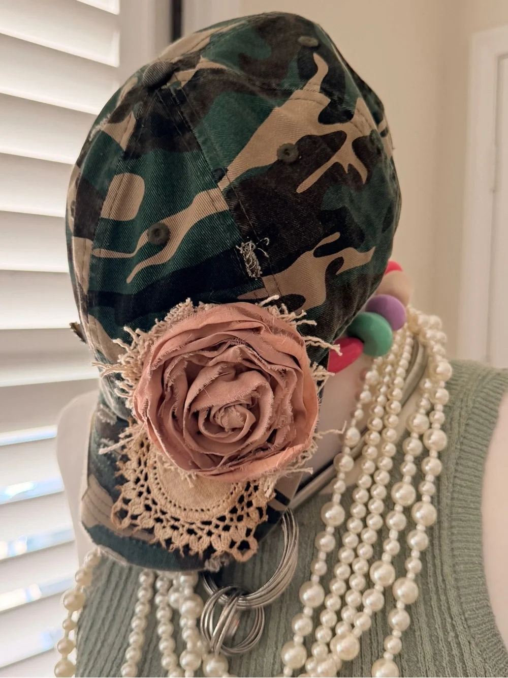 New KBETHOS Camo Baseball Cap with Blush Rose & Lace Decorated by Blueberry Kate